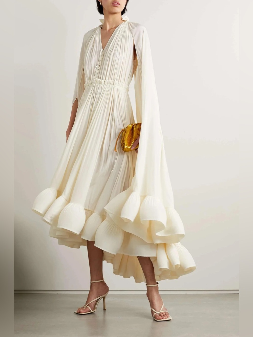 Ruffled midi dress with cape sleeves ivory NWOT